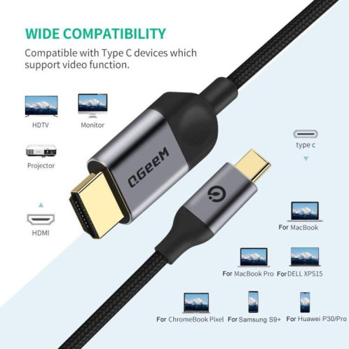 Câble QGeeM USB-C/Type-C vers HDMI 4K 30 Hz pour la duplication d'écran et l'affichage étendu, longueur du câble : 3 m SQ92031879-06